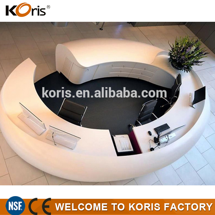 2016 novo Koris Special fazendo mesa de recepção de pedra artificial, mesa de recepção em forma de L, mesa de recepção moderna branca
